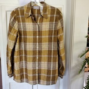 Liz Claiborne Womens Button Down Shirt Size 6 100% Linen Brown Plaid Side Slits